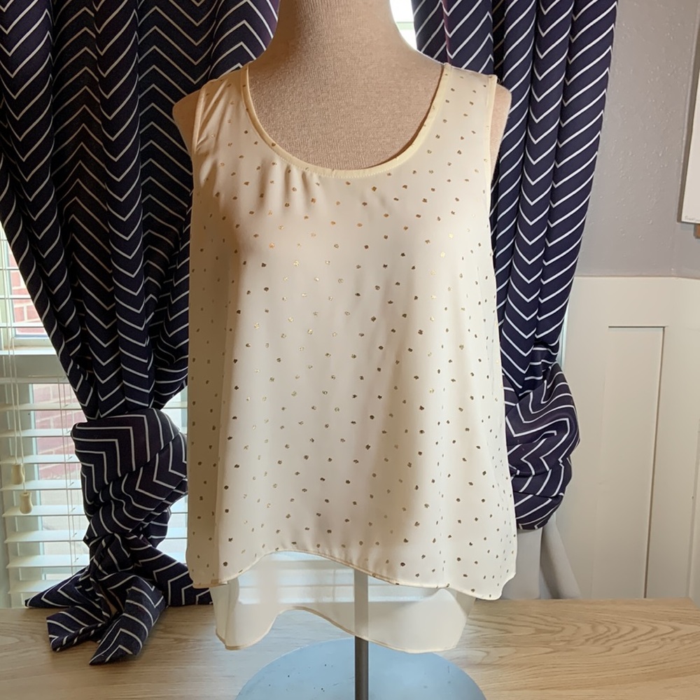 Apt 9 Cream Sleeveless Tank Top Medium with Gold Dots & Slit Back